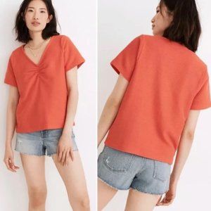 Madewell Top Cotton Red Orange Ruched Short Sleeve Ottoman Jacquard Medium